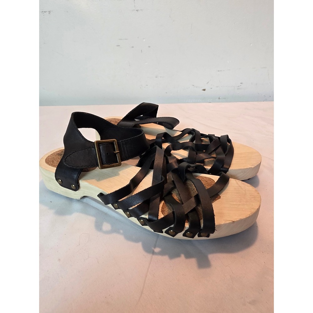 Kelsi Dagger Brooklyn Black Leather Wooden Platform Strappy Sandals 9.5